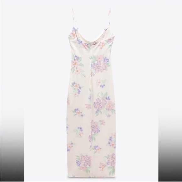 Zara Floral Print Cowl Draped Neck Ruched Adjustable Front Slit Midi Dress - Picture 5 of 16